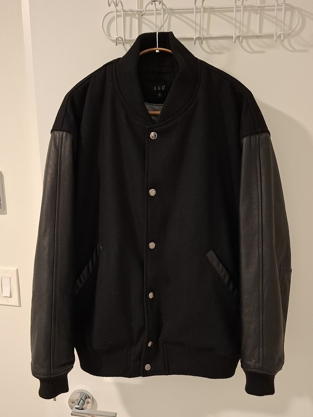 Classic Wool Bomber with Leather Sleeves & Ribbed Collar/Cuffs/Hem (Men's S/M)